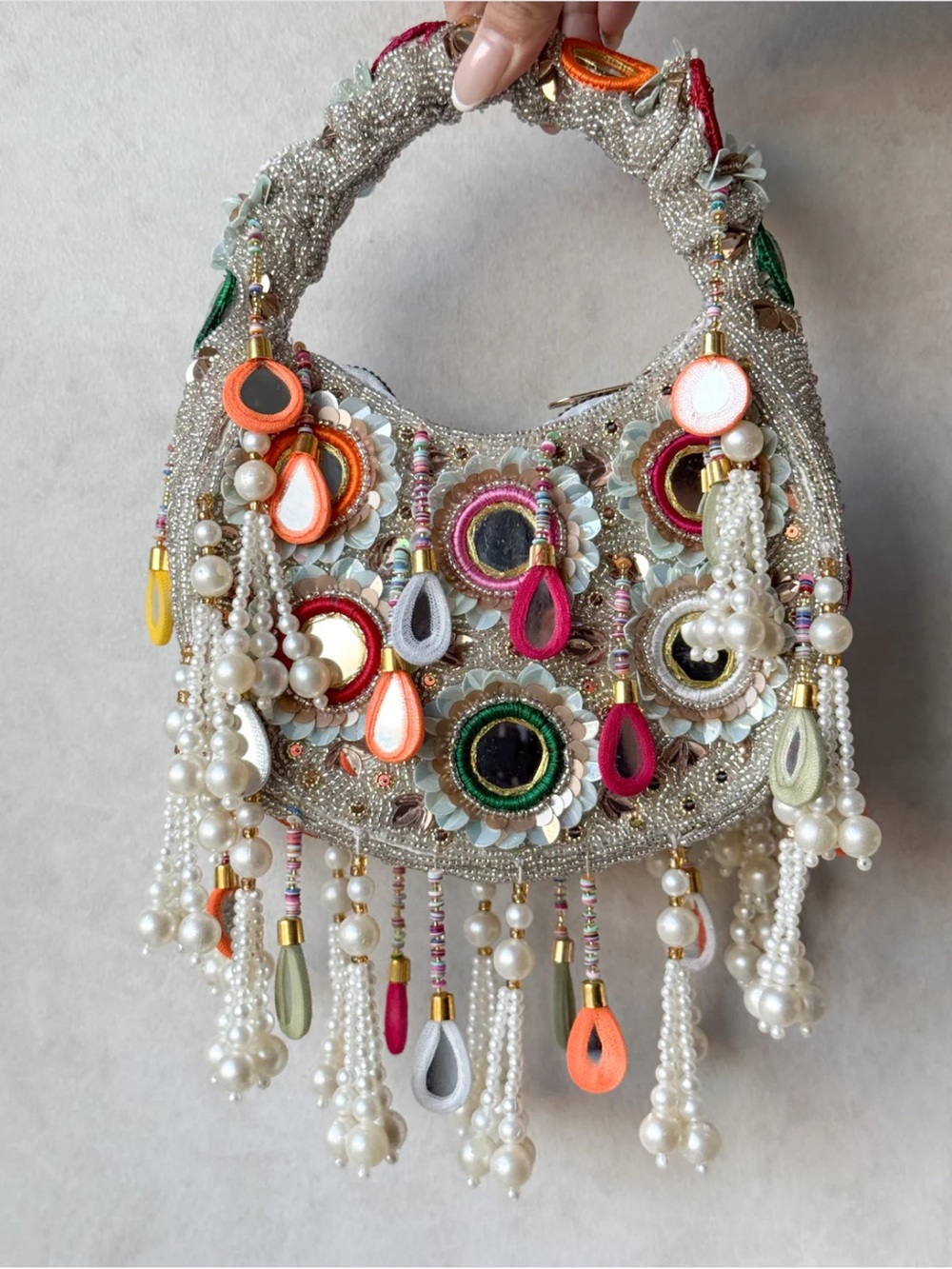 Toshi Georgia Bag Embellished Multicolor Beaded Handbag with Pearl Tassels
